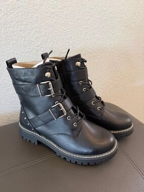 SO Black Combat Moto Boots with Buckle Straps—8 wide